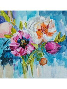 Original Floral Abstract Painting Soft Pink & Turquoise Wall Art